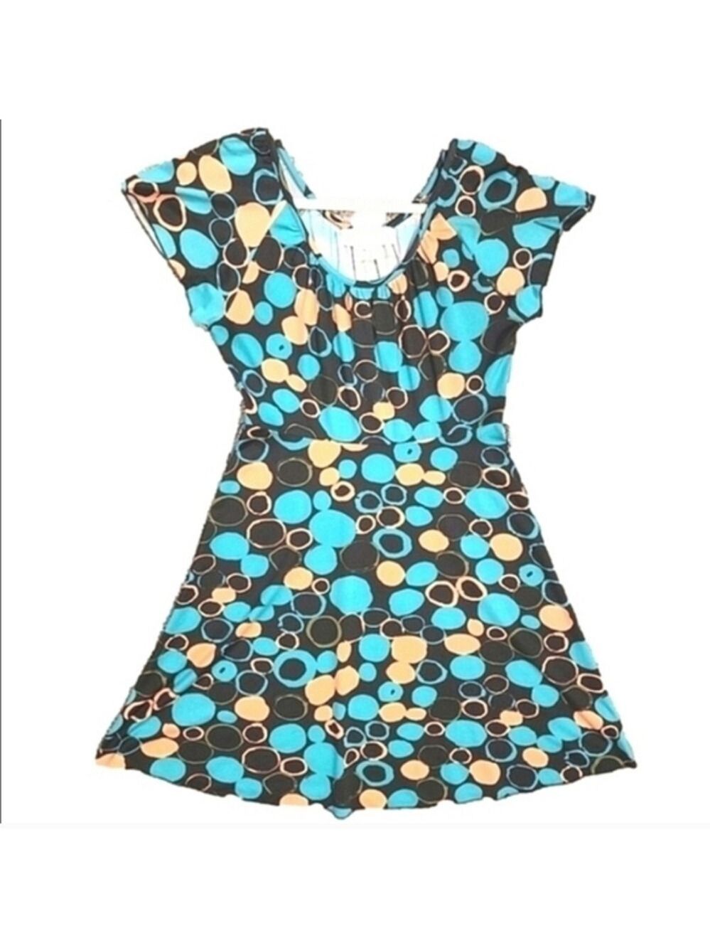 Mac & Jac Y2K Midi Dress Geo Dotted Fit & Flare Stretch Knit Short Cap Sleeve